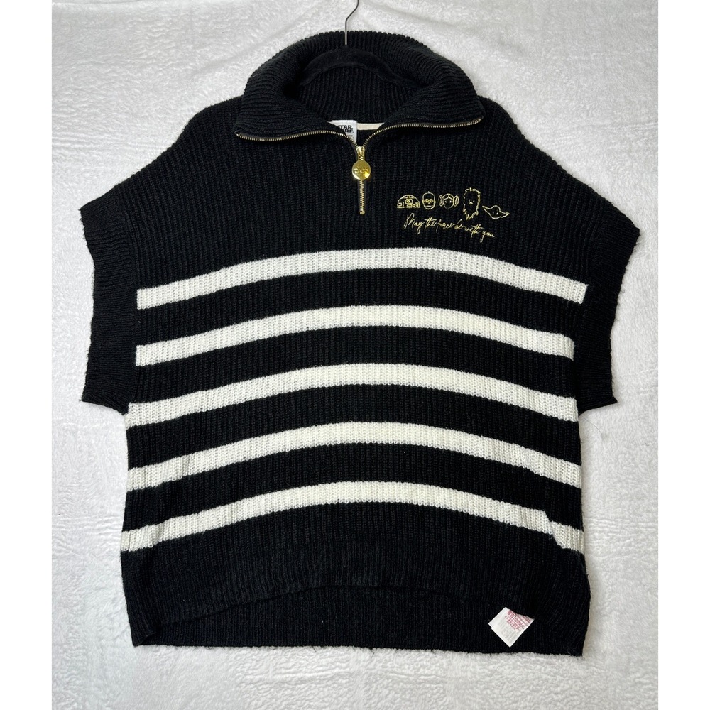 Star Wars Sweater Vest Women Medium Black White Striped Quarter Zip Gold Logo